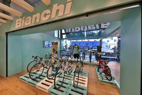 The store is also home to a Bianchi bicycle shop